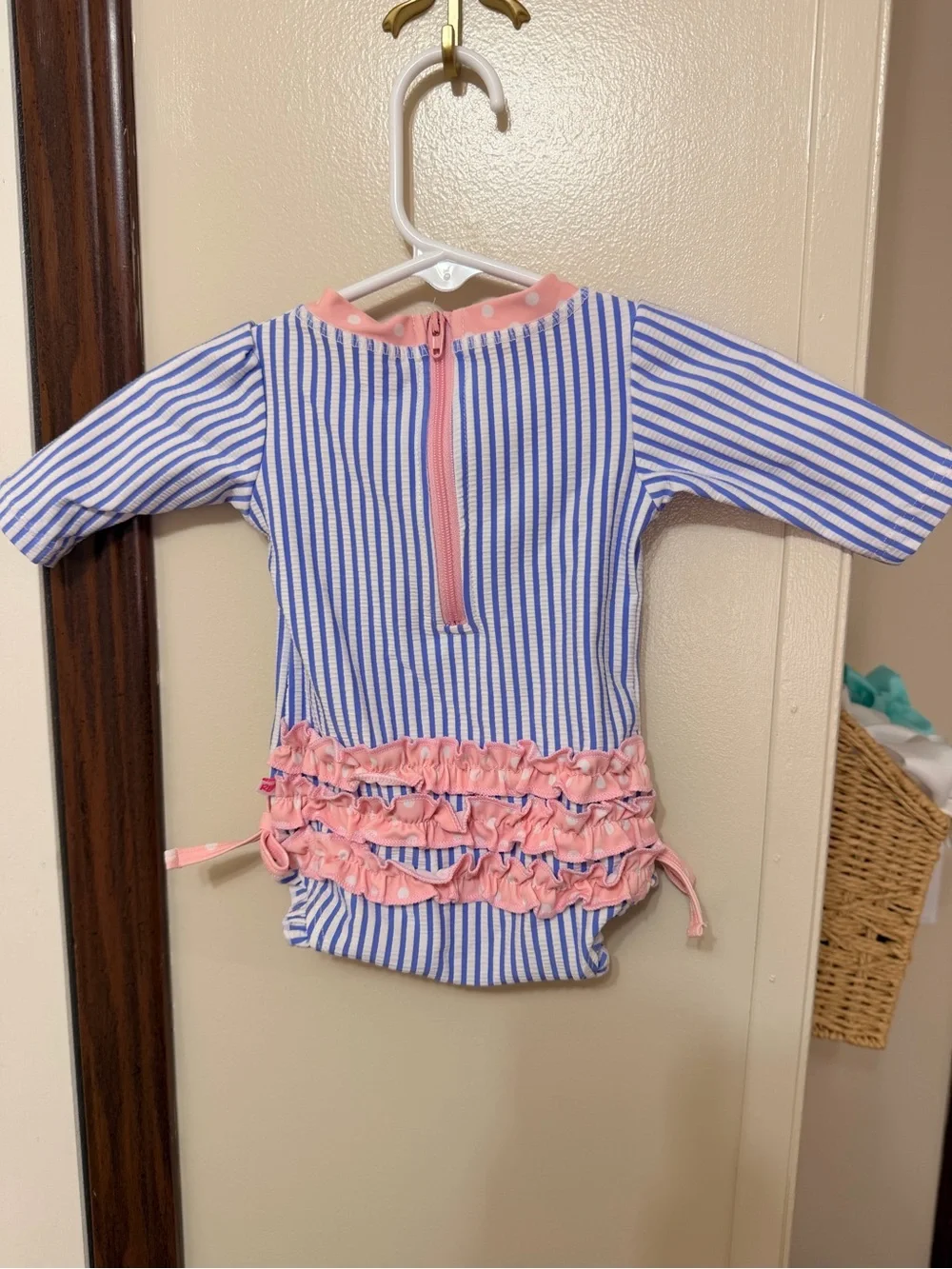 Ruffle Butts Blue & White Striped Long-Sleeve One-Piece with Pink Trim